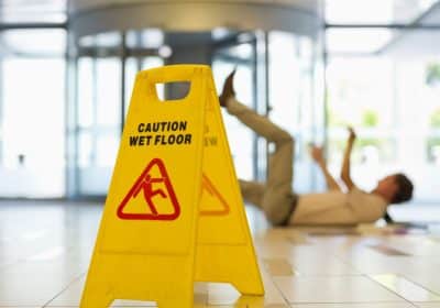 yellow caution sign warning of wet floor slip and fall hazard in Atlanta