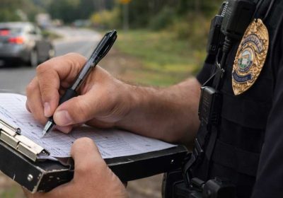 Police officer completing accident report after a car accident in North Georgia