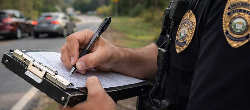 Police officer completing accident report after a car accident in North Georgia