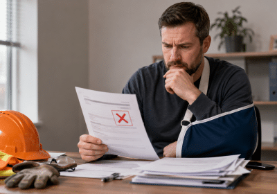 Injured worker reviewing denied workers compensation claim paperwork in Georgia