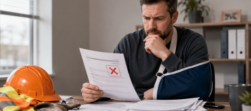 Injured worker reviewing denied workers compensation claim paperwork in Georgia