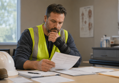 Injured worker reviewing workers compensation settlement documents in Georgia